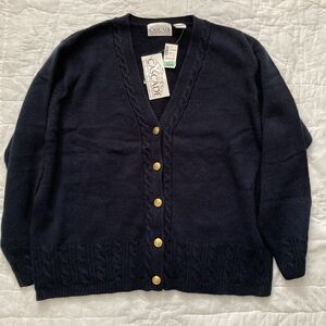 Vintage 90s NWT Navy Cable Knit Cardigan Womens XL Preppy Academia Minimalist